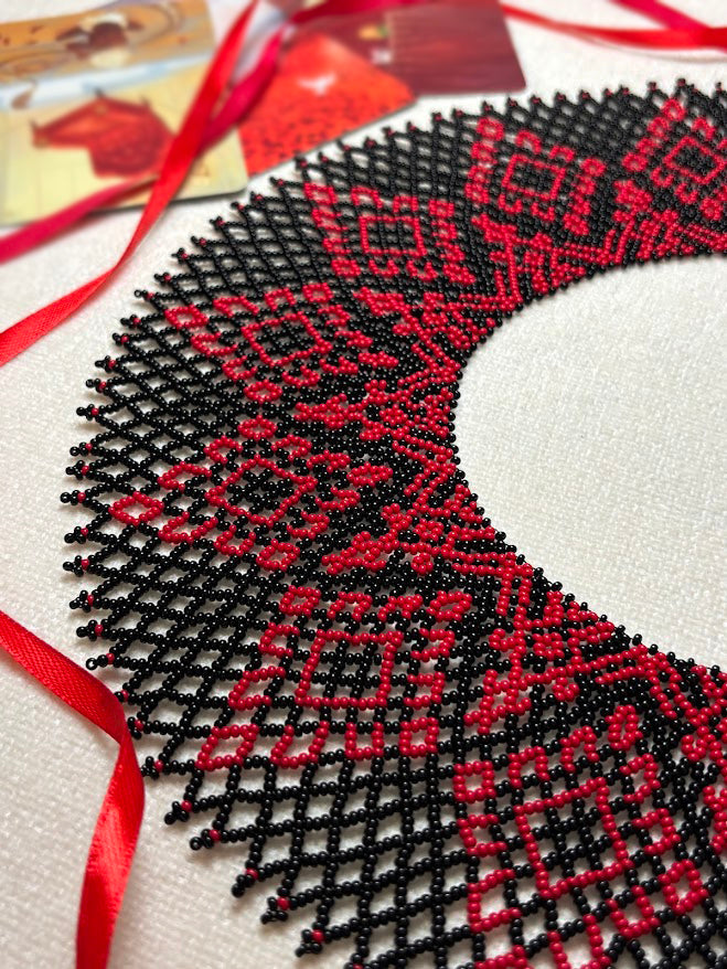 Black and Red Beaded Collar Necklace with Geometric Pattern