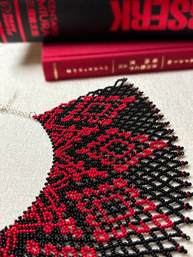 Black and Red Beaded Collar Necklace with Geometric Pattern