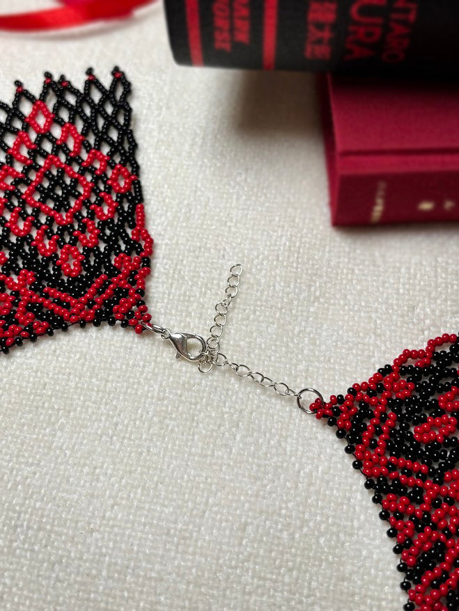 Black and Red Beaded Collar Necklace with Geometric Pattern