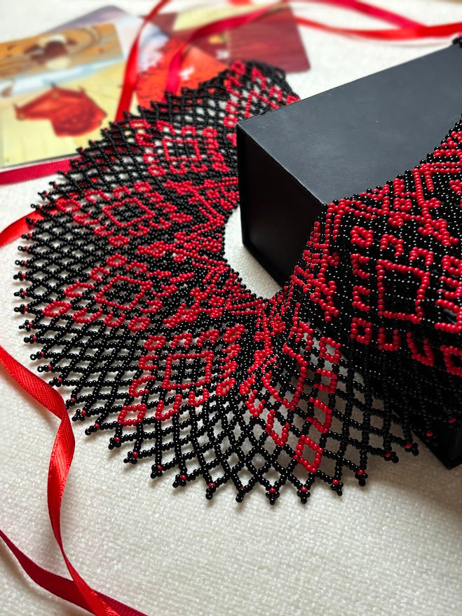 Black and Red Beaded Collar Necklace with Geometric Pattern