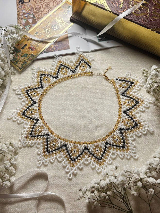 White and gold Beaded Collar Necklace with Geometric Pattern