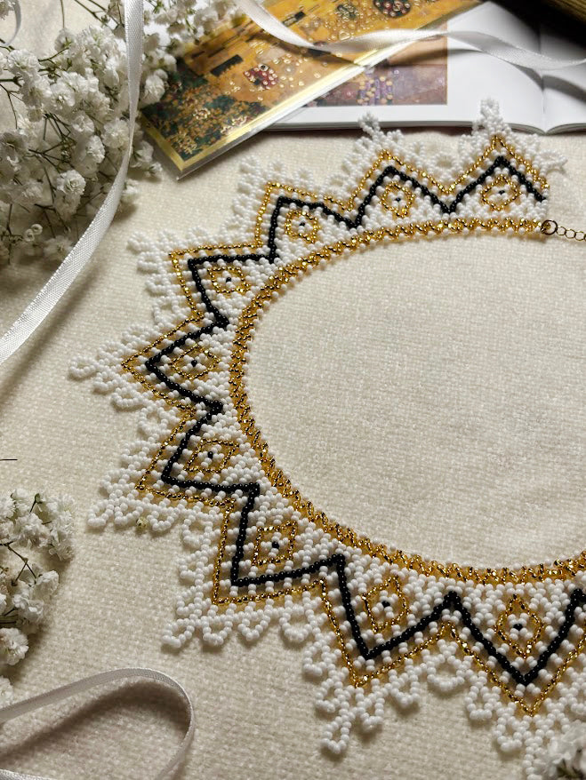 White and gold Beaded Collar Necklace with Geometric Pattern