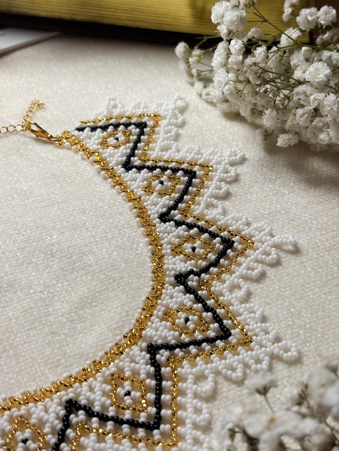 White and gold Beaded Collar Necklace with Geometric Pattern