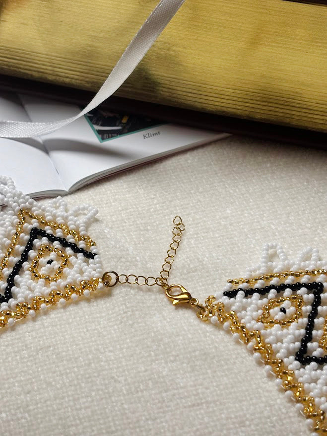 White and gold Beaded Collar Necklace with Geometric Pattern