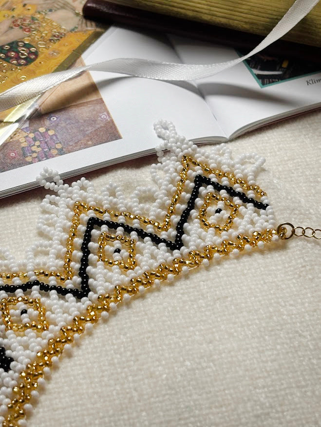 White and gold Beaded Collar Necklace with Geometric Pattern