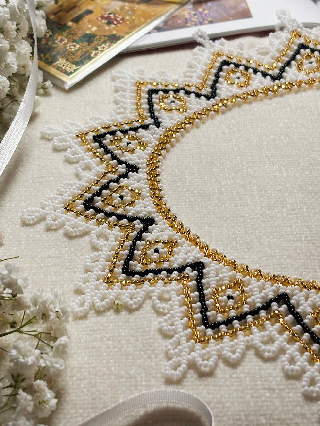 White and gold Beaded Collar Necklace with Geometric Pattern