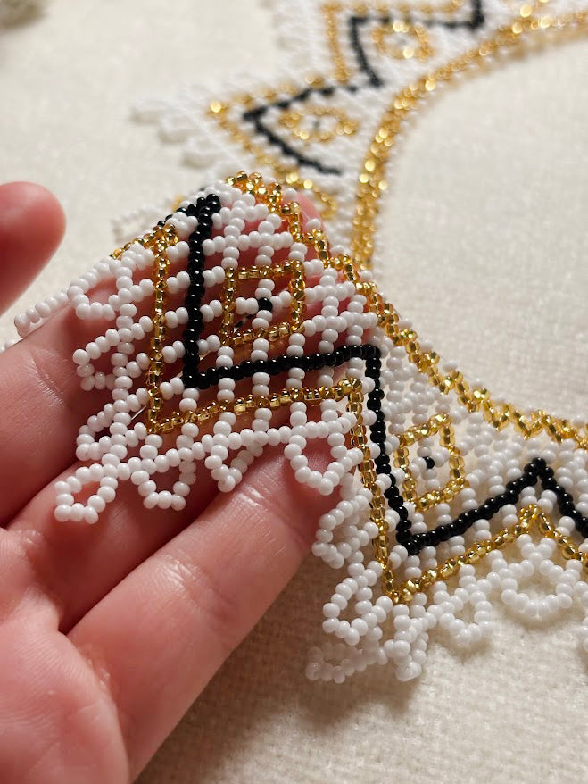 White and gold Beaded Collar Necklace with Geometric Pattern