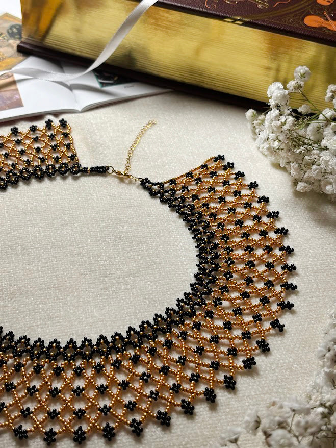 Gold and Black Beaded Mesh Collar Necklace