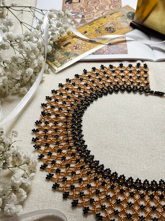 Gold and Black Beaded Mesh Collar Necklace