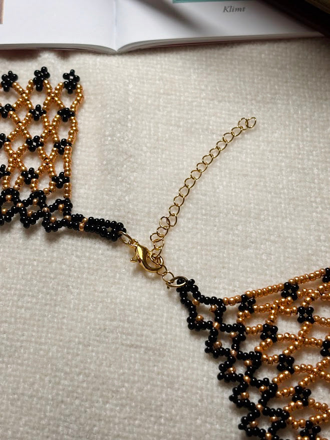 Gold and Black Beaded Mesh Collar Necklace