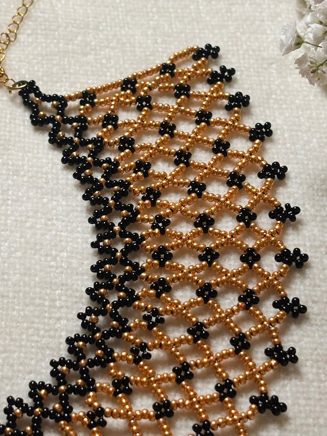 Gold and Black Beaded Mesh Collar Necklace