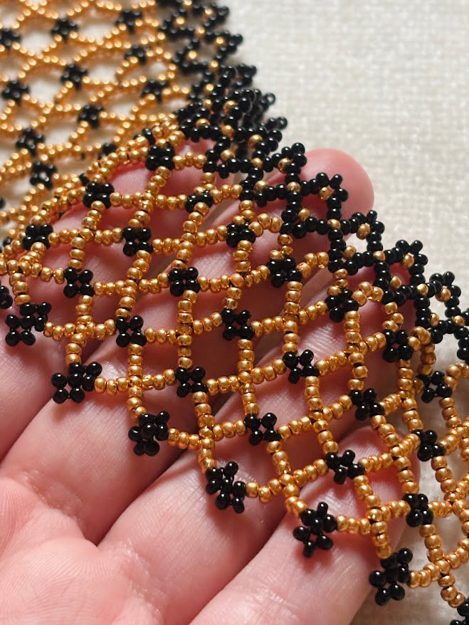 Gold and Black Beaded Mesh Collar Necklace