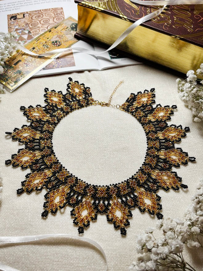 Gold and Black Beaded Collar Necklace with Lace Pattern