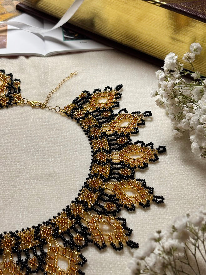 Gold and Black Beaded Collar Necklace with Lace Pattern