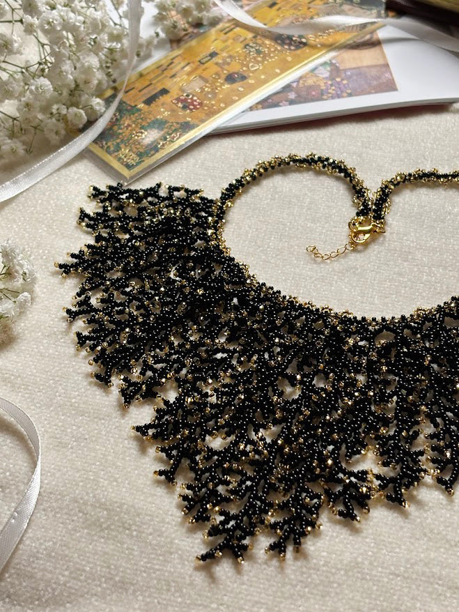 Black and Gold Beaded Collar Necklace with Coral Branch Design