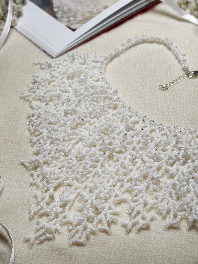 White Beaded Collar Necklace with Coral Branch Design