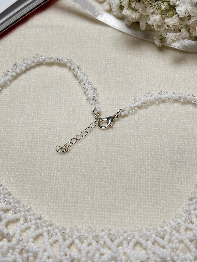 White Beaded Collar Necklace with Coral Branch Design