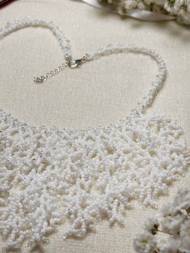 White Beaded Collar Necklace with Coral Branch Design