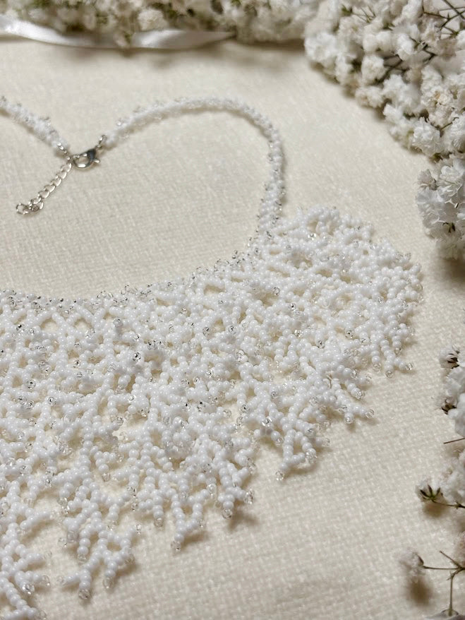 White Beaded Collar Necklace with Coral Branch Design