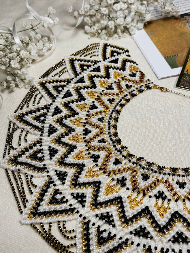 Luxurious Beaded Statement Collar with Intricate Geometric Pattern