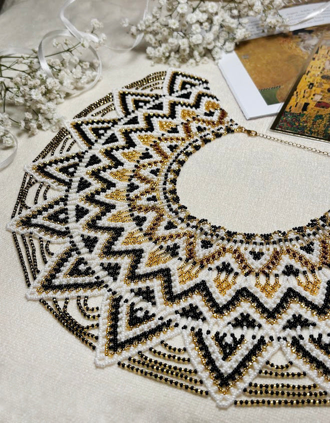 Luxurious Beaded Statement Collar with Intricate Geometric Pattern