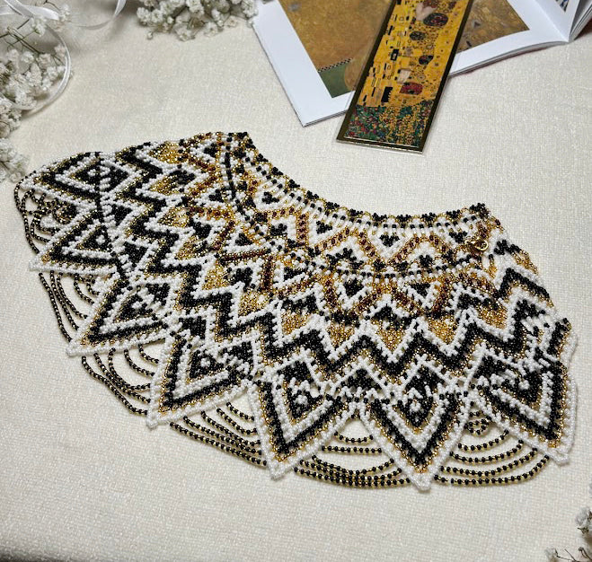 Luxurious Beaded Statement Collar with Intricate Geometric Pattern