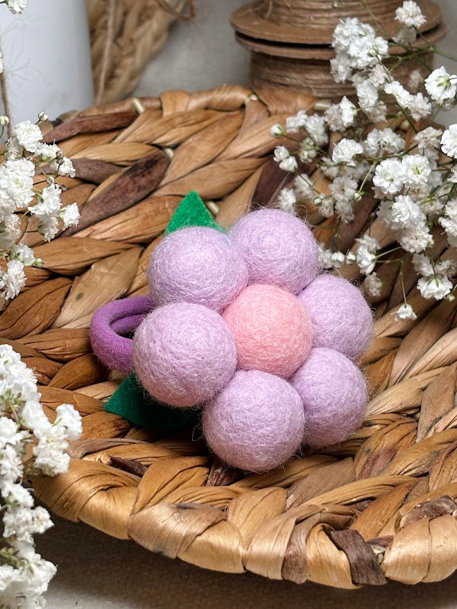Handmade Wool Ball Flower Hair Scrunchie - Lavender