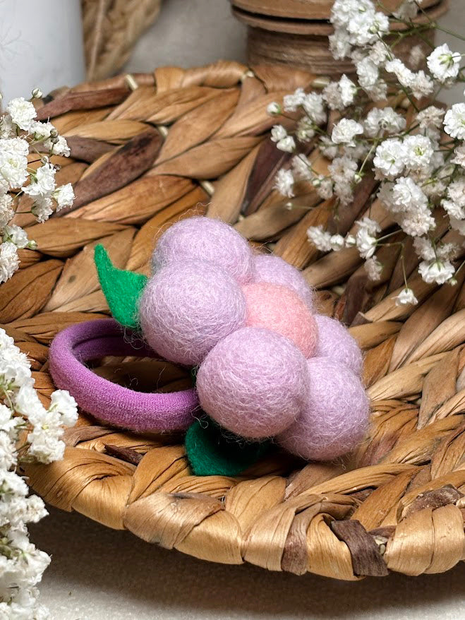 Handmade Wool Ball Flower Hair Scrunchie - Lavender