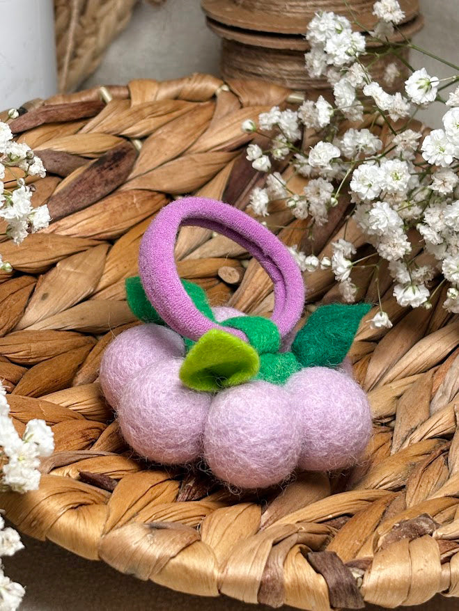 Handmade Wool Ball Flower Hair Scrunchie - Lavender