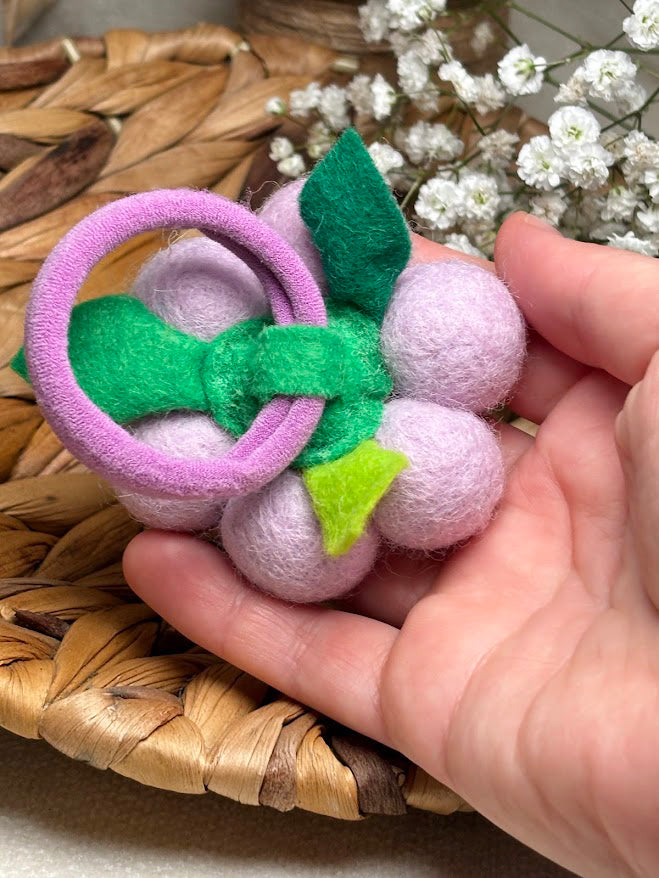 Handmade Wool Ball Flower Hair Scrunchie - Lavender