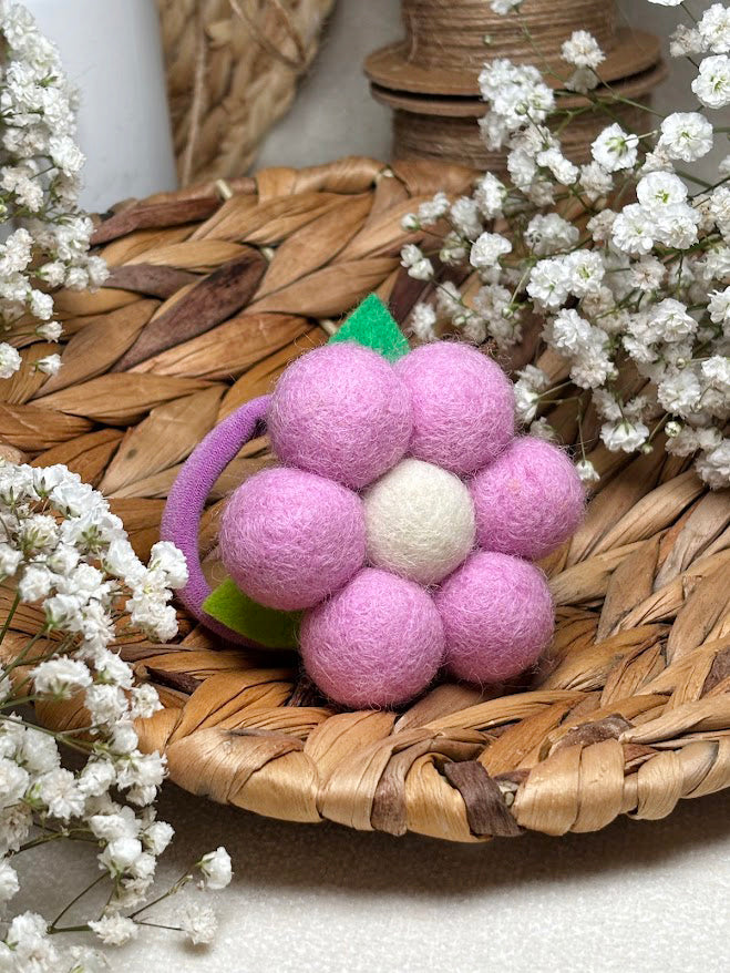 Handmade Wool Ball Flower Hair Scrunchie - Lilac