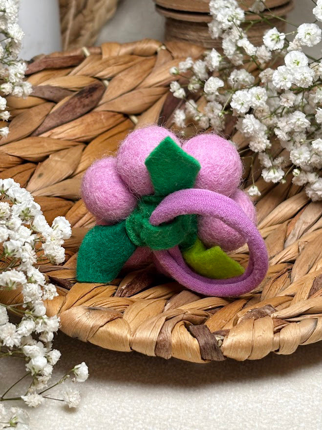 Handmade Wool Ball Flower Hair Scrunchie - Lilac