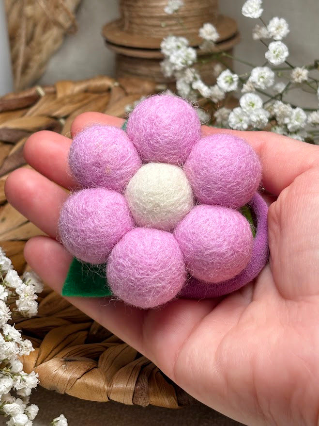 Handmade Wool Ball Flower Hair Scrunchie - Lilac
