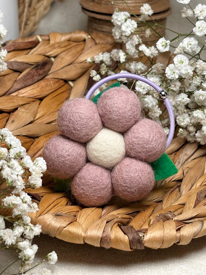 Handmade Wool Ball Flower Hair Scrunchie - Soft Lilac
