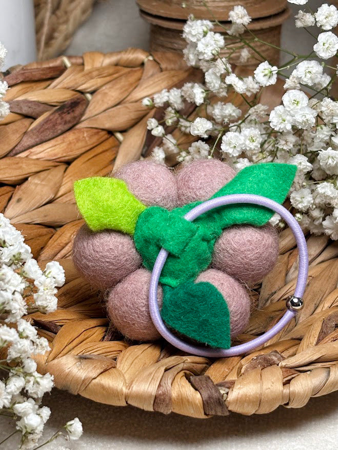 Handmade Wool Ball Flower Hair Scrunchie - Soft Lilac