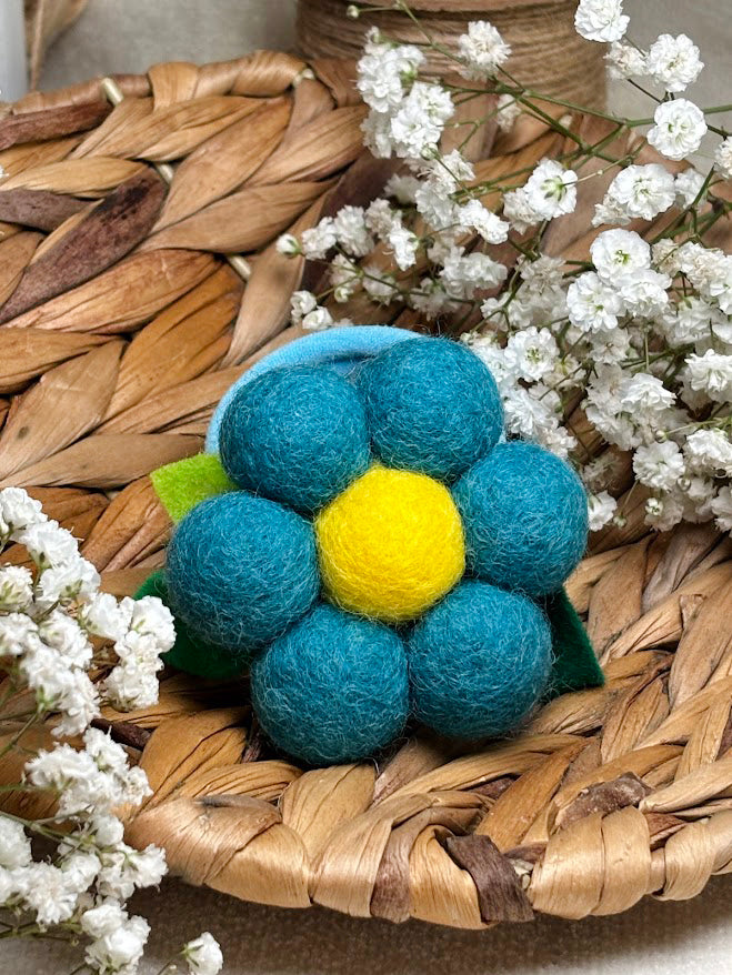 Handmade Wool Ball Flower Hair Scrunchie - Turquoise