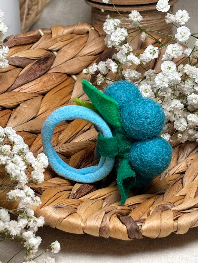 Handmade Wool Ball Flower Hair Scrunchie - Turquoise