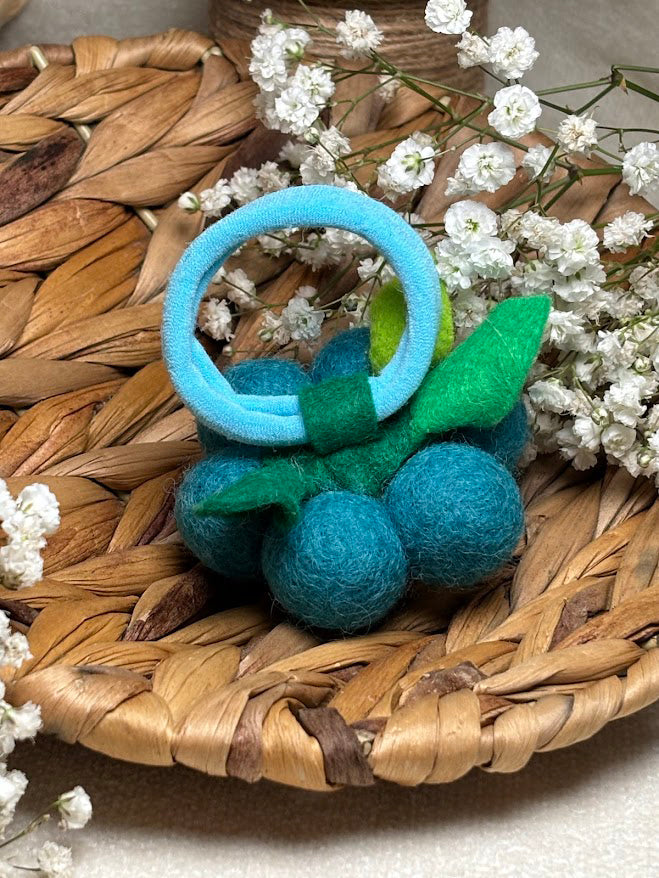 Handmade Wool Ball Flower Hair Scrunchie - Turquoise