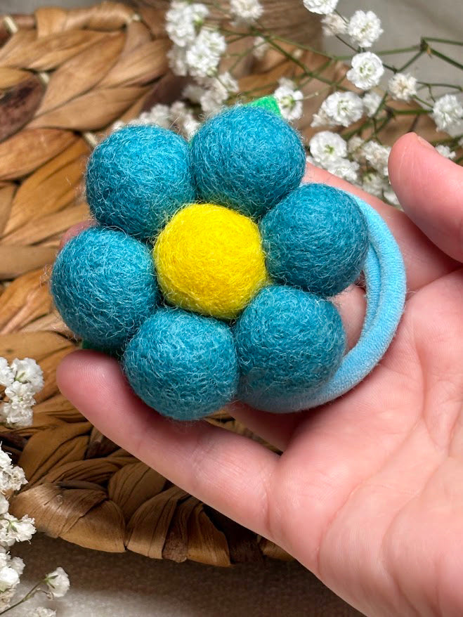 Handmade Wool Ball Flower Hair Scrunchie - Turquoise