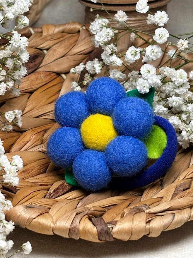 Handmade Wool Ball Flower Hair Scrunchie - Royal Blue