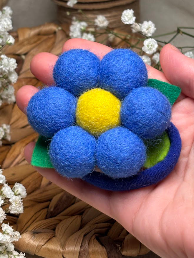 Handmade Wool Ball Flower Hair Scrunchie - Royal Blue