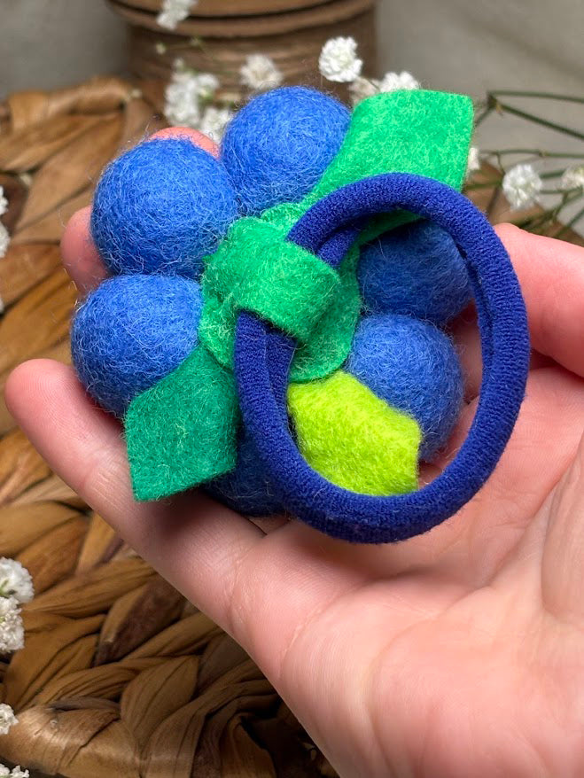 Handmade Wool Ball Flower Hair Scrunchie - Royal Blue