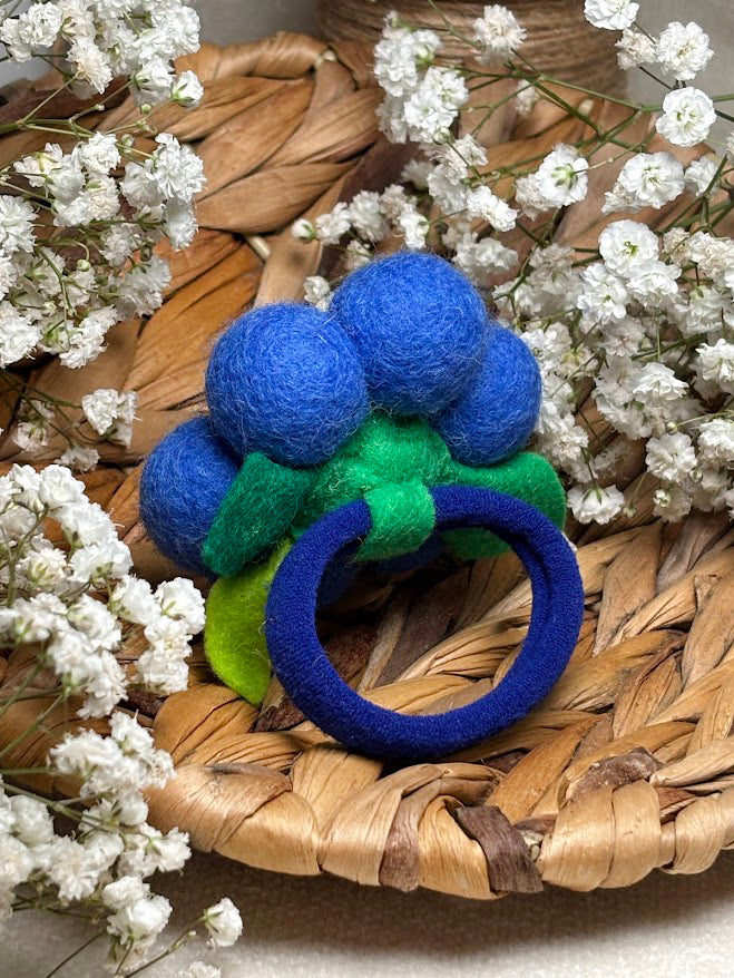Handmade Wool Ball Flower Hair Scrunchie - Royal Blue