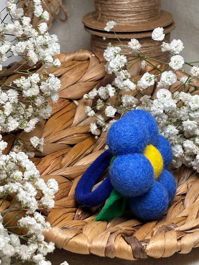 Handmade Wool Ball Flower Hair Scrunchie - Royal Blue