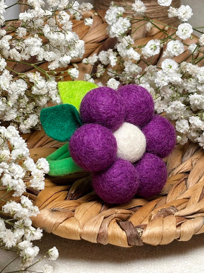 Handmade Wool Ball Flower Hair Scrunchie - Purple