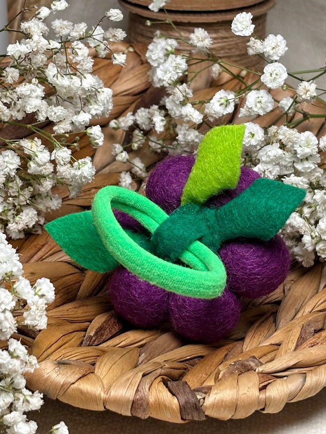 Handmade Wool Ball Flower Hair Scrunchie - Purple