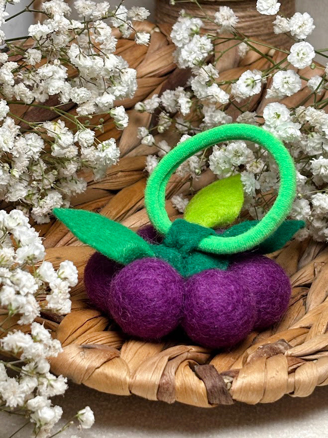 Handmade Wool Ball Flower Hair Scrunchie - Purple