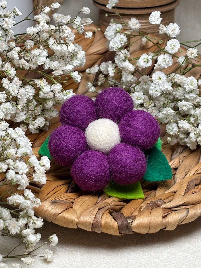 Handmade Wool Ball Flower Hair Scrunchie - Purple