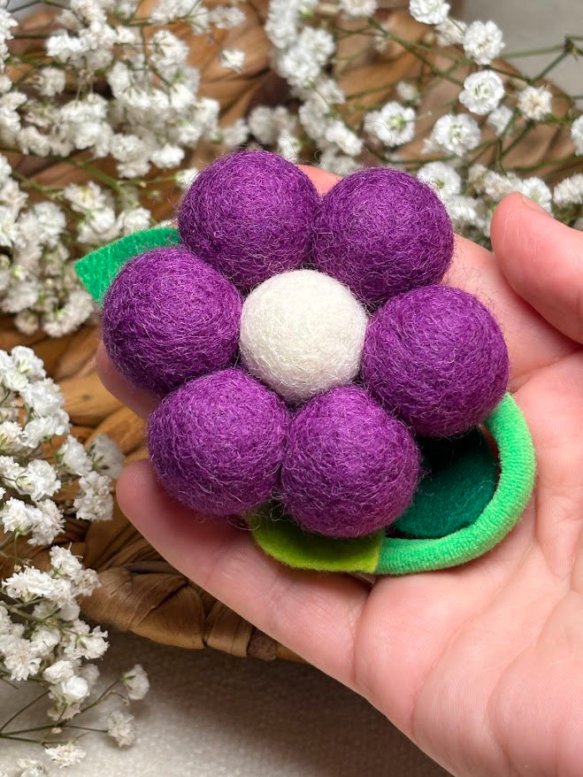 Handmade Wool Ball Flower Hair Scrunchie - Purple