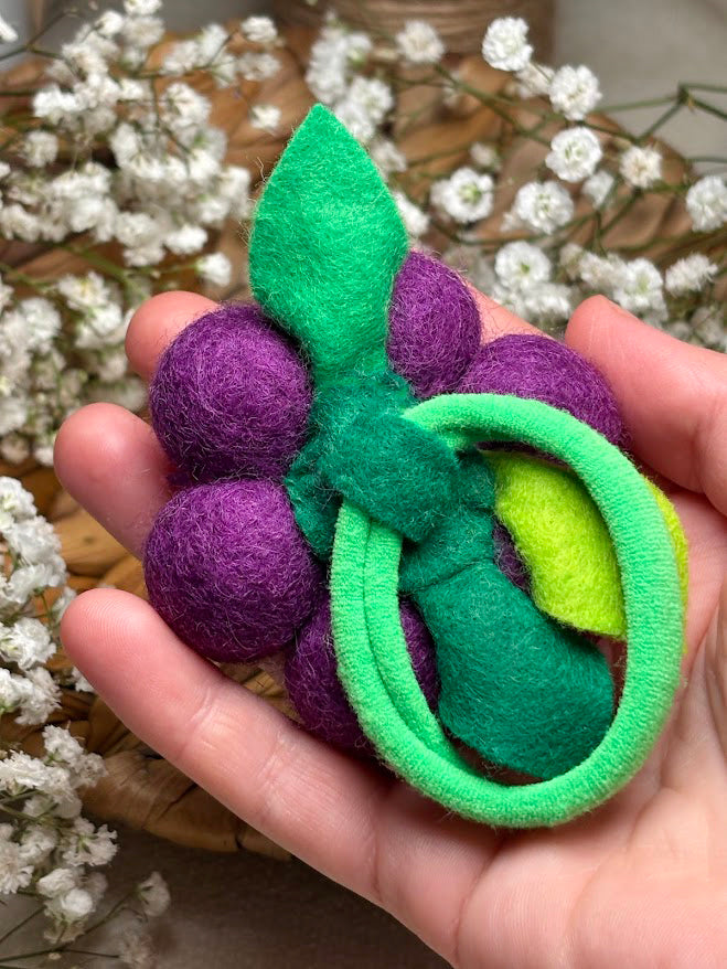 Handmade Wool Ball Flower Hair Scrunchie - Purple
